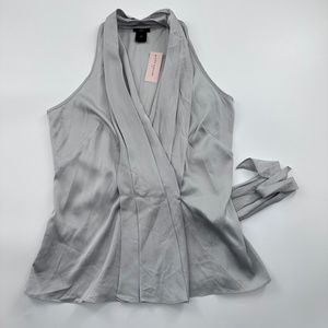 Ann Taylor NEW Blouse 8P Sleeveless Gray Wrap Front Tie Back Satin Petite Top